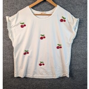 Mesh + Love Womens White 3D Beaded Cherry Short Sleeve Top XL RN157130